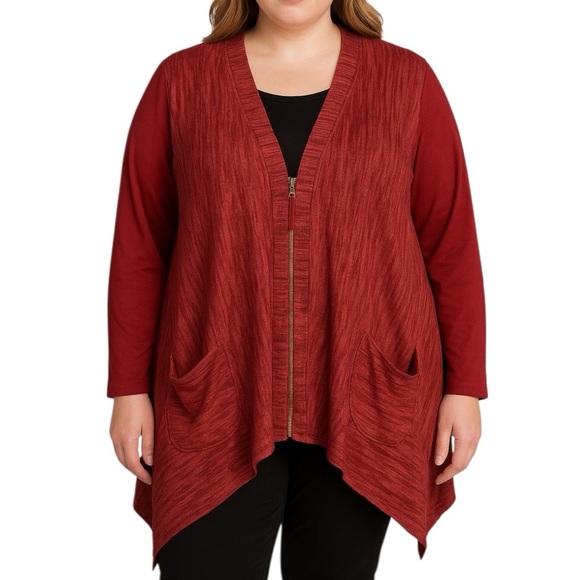 LOGO by Lori Goldstein 2X Red Zip Front Cardigan Sweater Jacket Sharkbite Hem - Picture 1 of 12